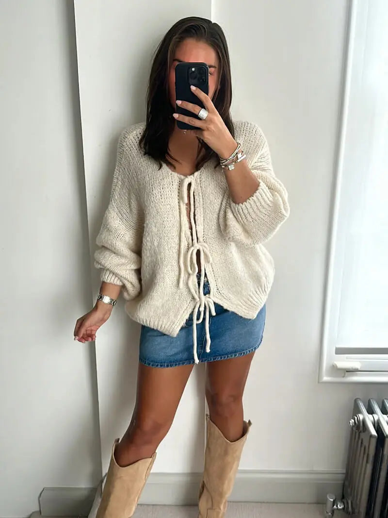 Damen Strickjacke Weich Schleife