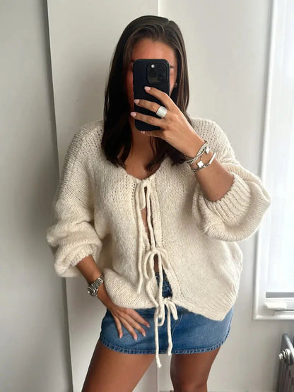 Damen Strickjacke Weich Schleife