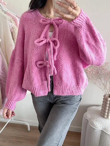 Damen Strickjacke Weich Schleife