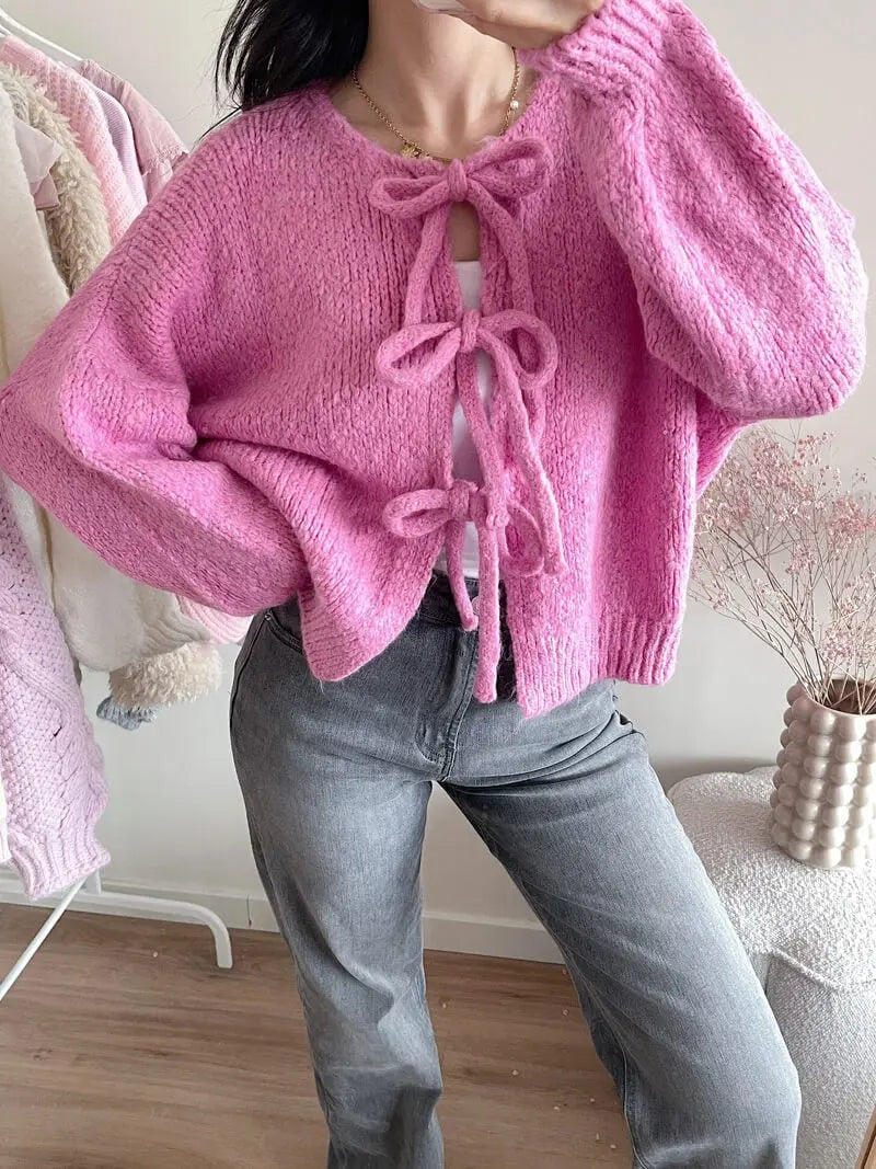 Damen Strickjacke Weich Schleife