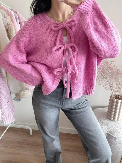 Damen Strickjacke Weich Schleife