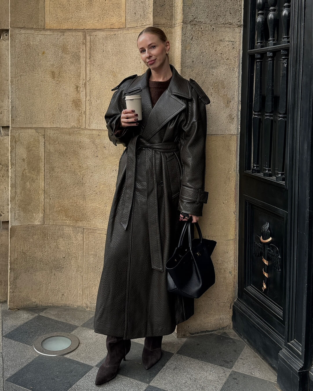 Damen Leder-Trenchcoat Lang