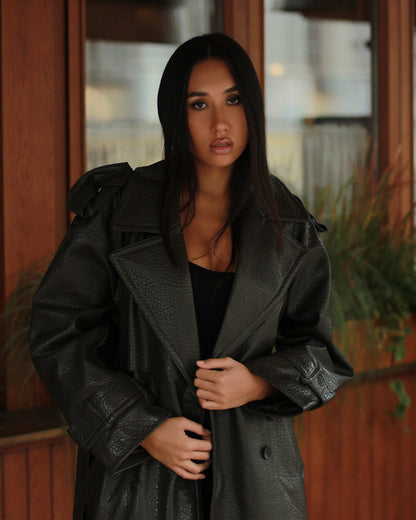 Damen Leder-Trenchcoat Lang