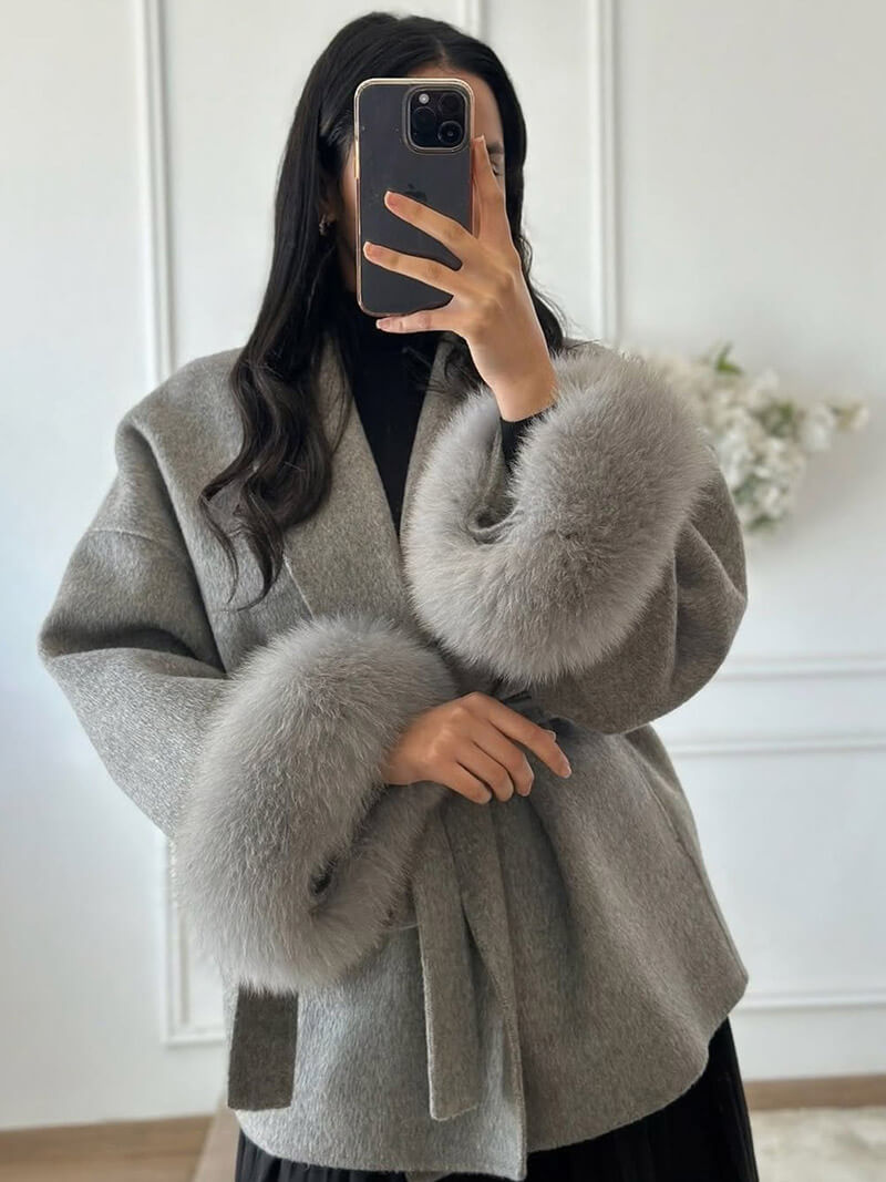 Damen Wickelmantel Fellärmel Warm