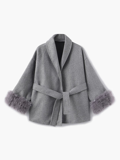 Damen Wickelmantel Fellärmel Warm