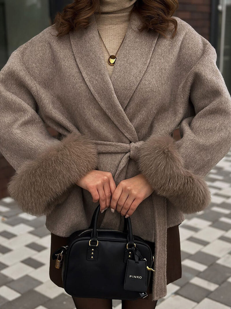 Damen Wickelmantel Fellärmel Warm