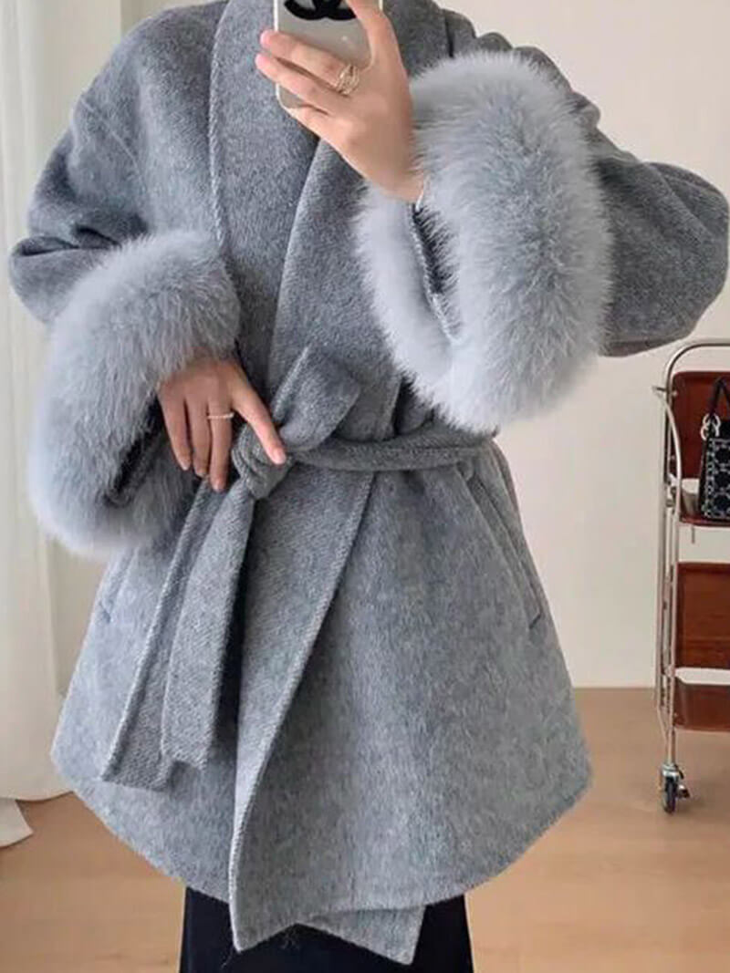 Damen Wickelmantel Fellärmel Warm