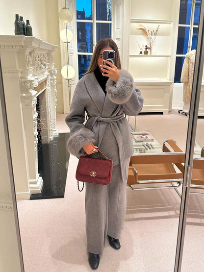 Damen Wickelmantel Fellärmel Warm