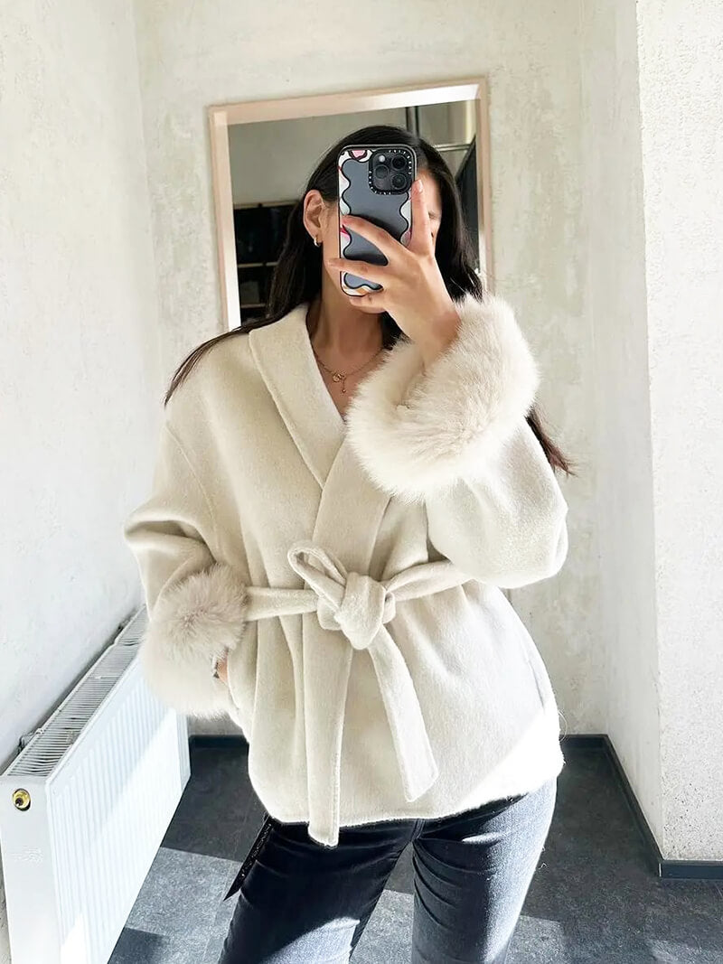 Damen Wickelmantel Fellärmel Warm