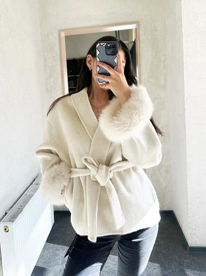 Damen Wickelmantel Fellärmel Warm