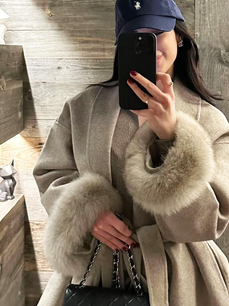 Damen Wickelmantel Fellärmel Warm
