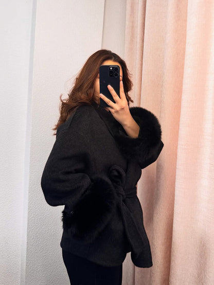 Damen Wickelmantel Fellärmel Warm