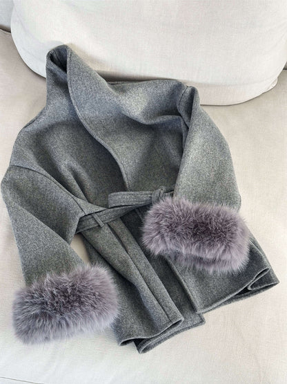 Damen Wickelmantel Fellärmel Warm