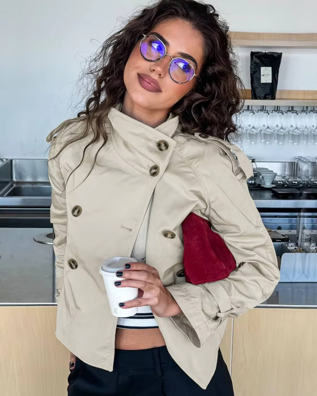 Damen Winterjacke Trench-Stil Gürtel Doppelreihe