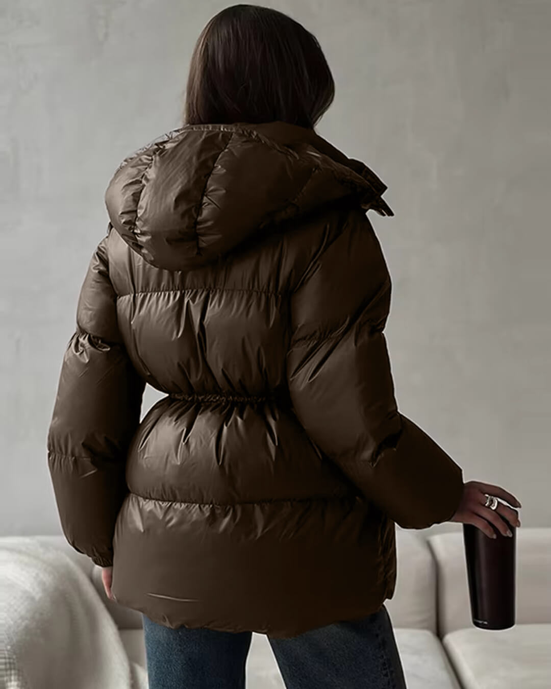 Damen Winter-Steppjacke Kordelzug Glanzfinish