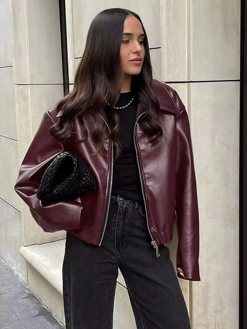 Modische Damen Kunstlederjacke Weinrot