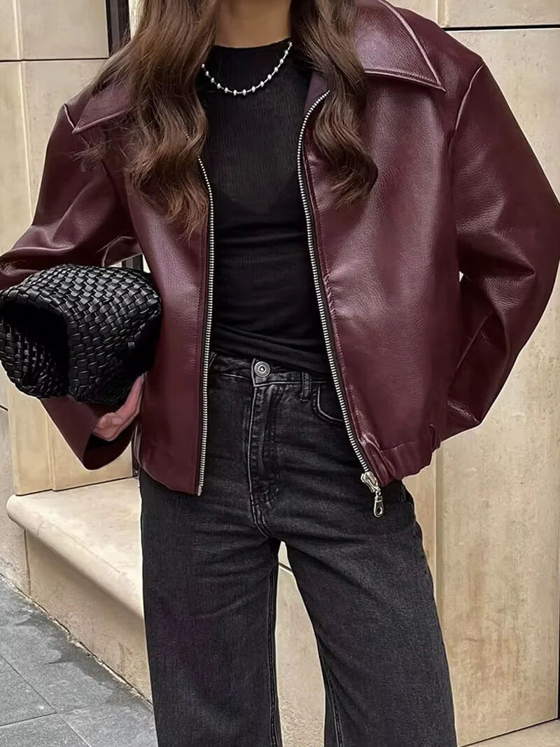 Modische Damen Kunstlederjacke Weinrot