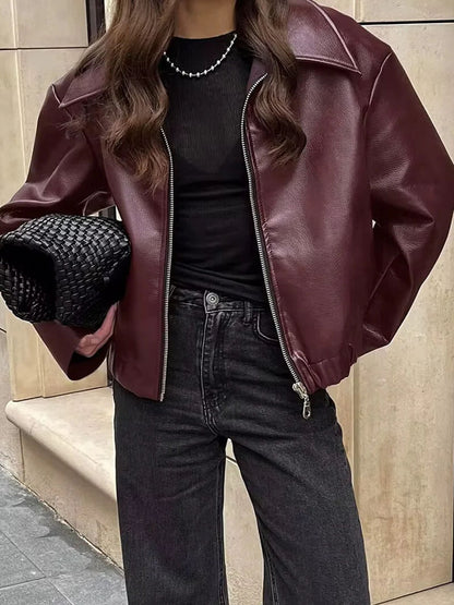 Modische Damen Kunstlederjacke Weinrot