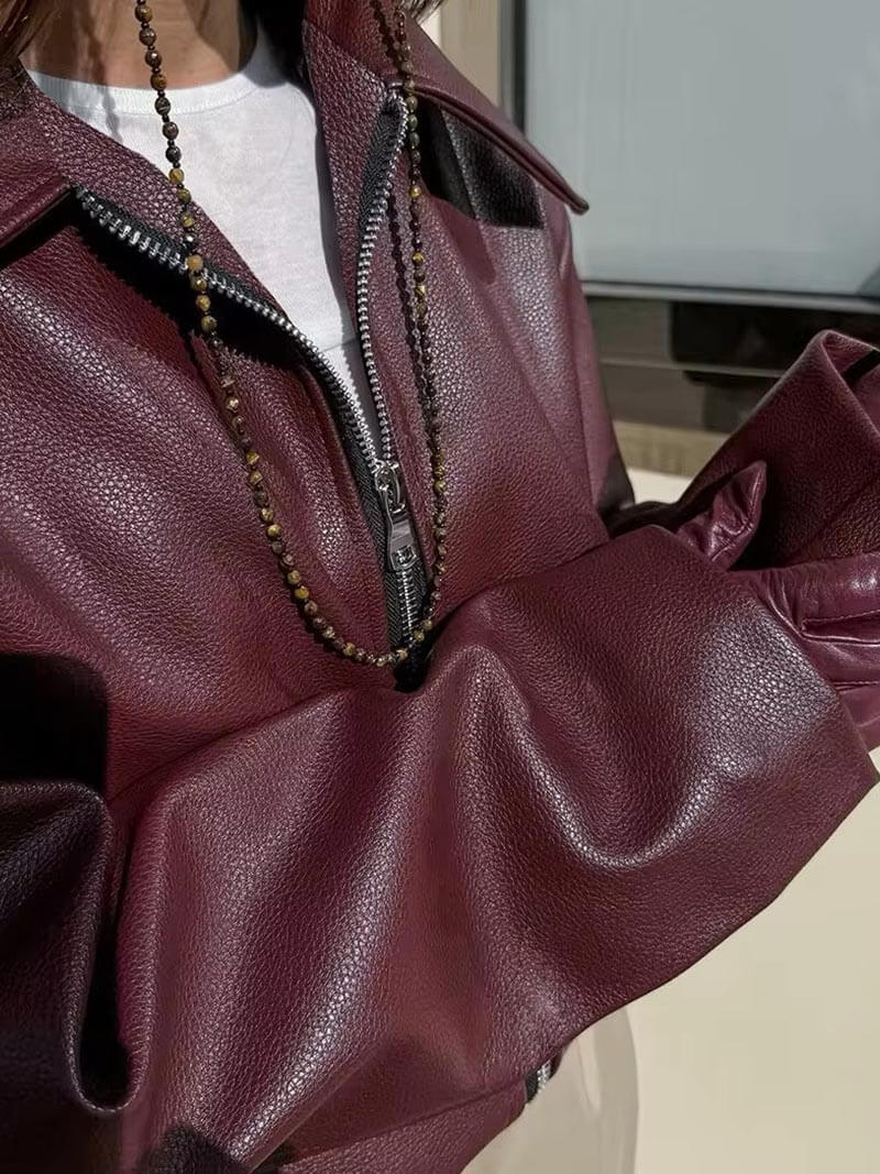 Modische Damen Kunstlederjacke Weinrot