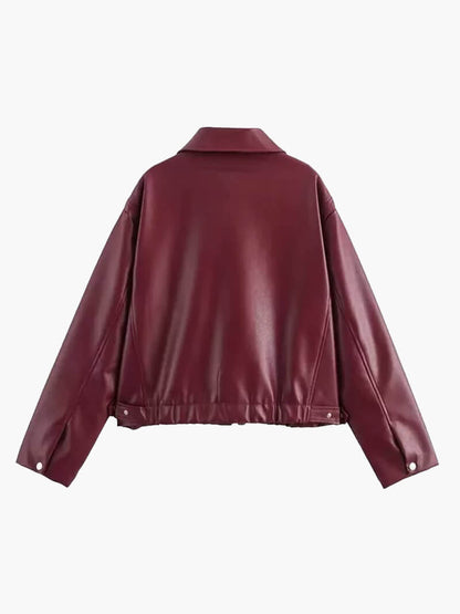 Modische Damen Kunstlederjacke Weinrot