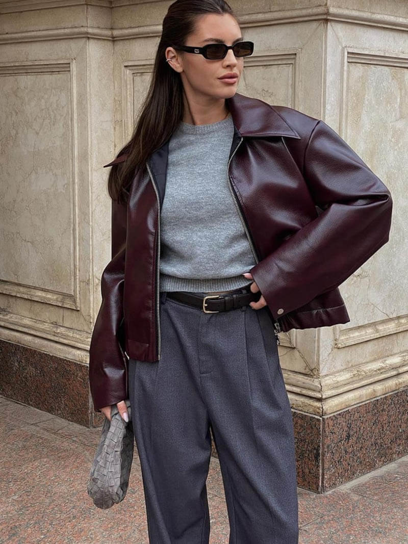 Modische Damen Kunstlederjacke Weinrot