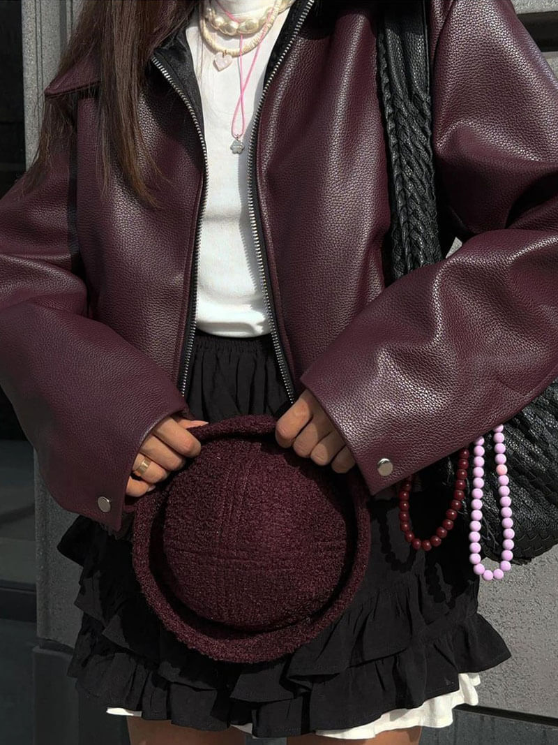 Modische Damen Kunstlederjacke Weinrot