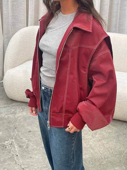 Olwen Damen Oversize Jacke Reißverschluss Burgunderrot - Eveloria