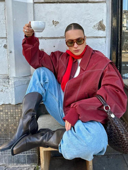Olwen Damen Oversize Jacke Reißverschluss Burgunderrot