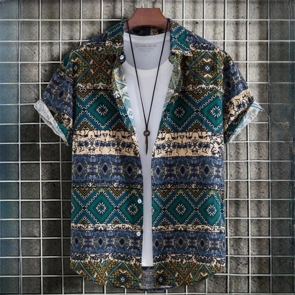 Sommerhemd | Bedruckt | Knopfleiste | Hawaiihemd | Kurzarmhemd-Grün-L-Chaps Herrenmode