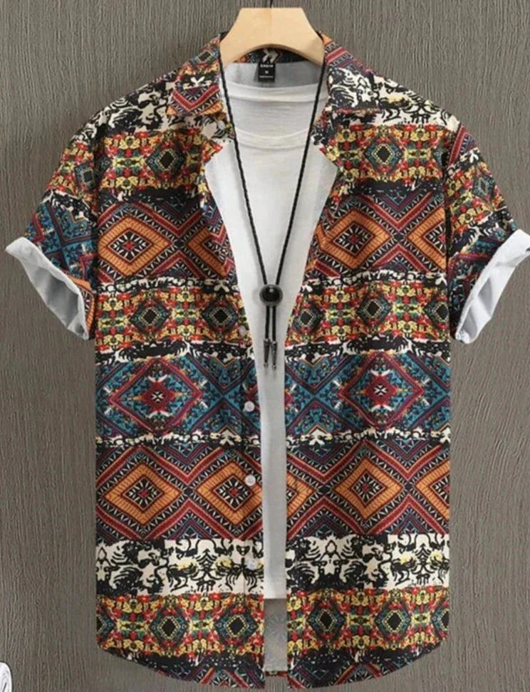 Sommerhemd | Bedruckt | Knopfleiste | Hawaiihemd | Kurzarmhemd-Khaki-L-Chaps Herrenmode