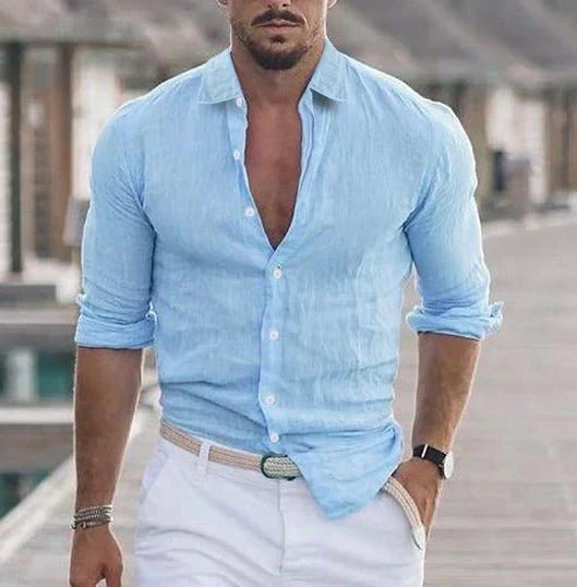 Sommerhemd – geknöpft – Langarm – Leinenhemd – Herrenhemd-Blau-S-Chaps Herrenmode