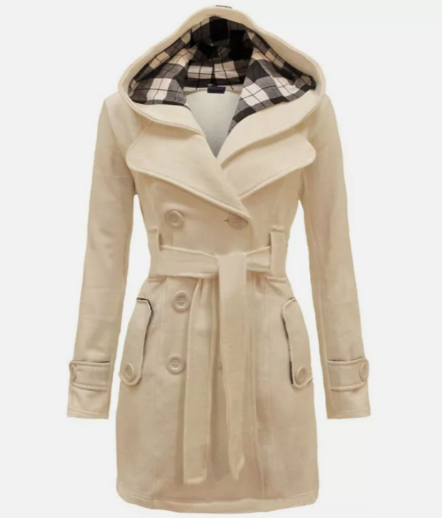 Damen Trenchcoat Zweireihig Kapuze Gürtel Schwarz - Eveloria