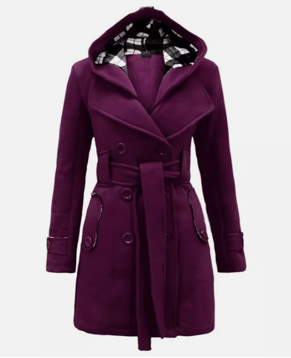 Damen Trenchcoat Zweireihig Kapuze Gürtel