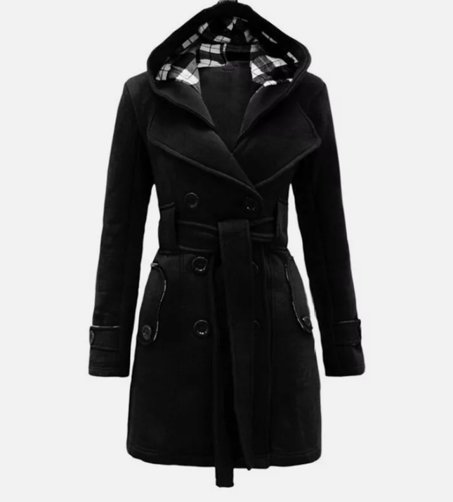Damen Trenchcoat Zweireihig Kapuze Gürtel