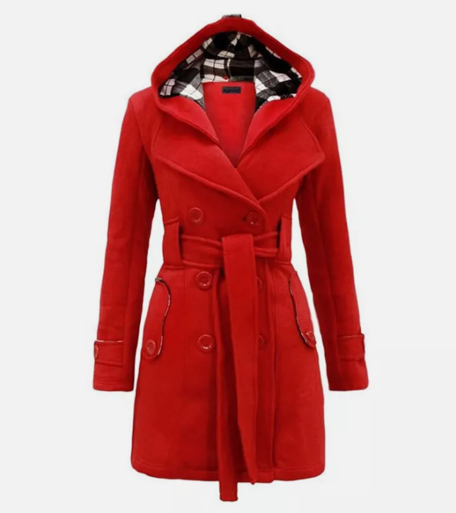 Damen Trenchcoat Zweireihig Kapuze Gürtel