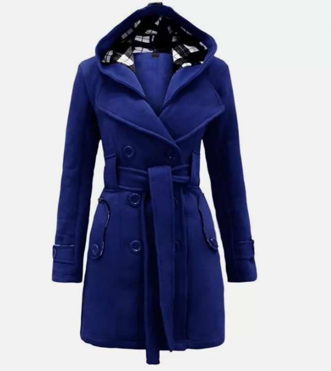 Damen Trenchcoat Zweireihig Kapuze Gürtel