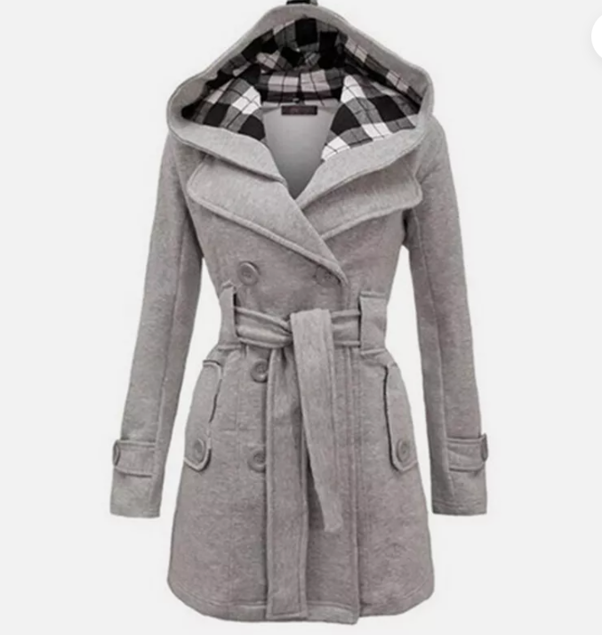 Damen Trenchcoat Zweireihig Kapuze Gürtel