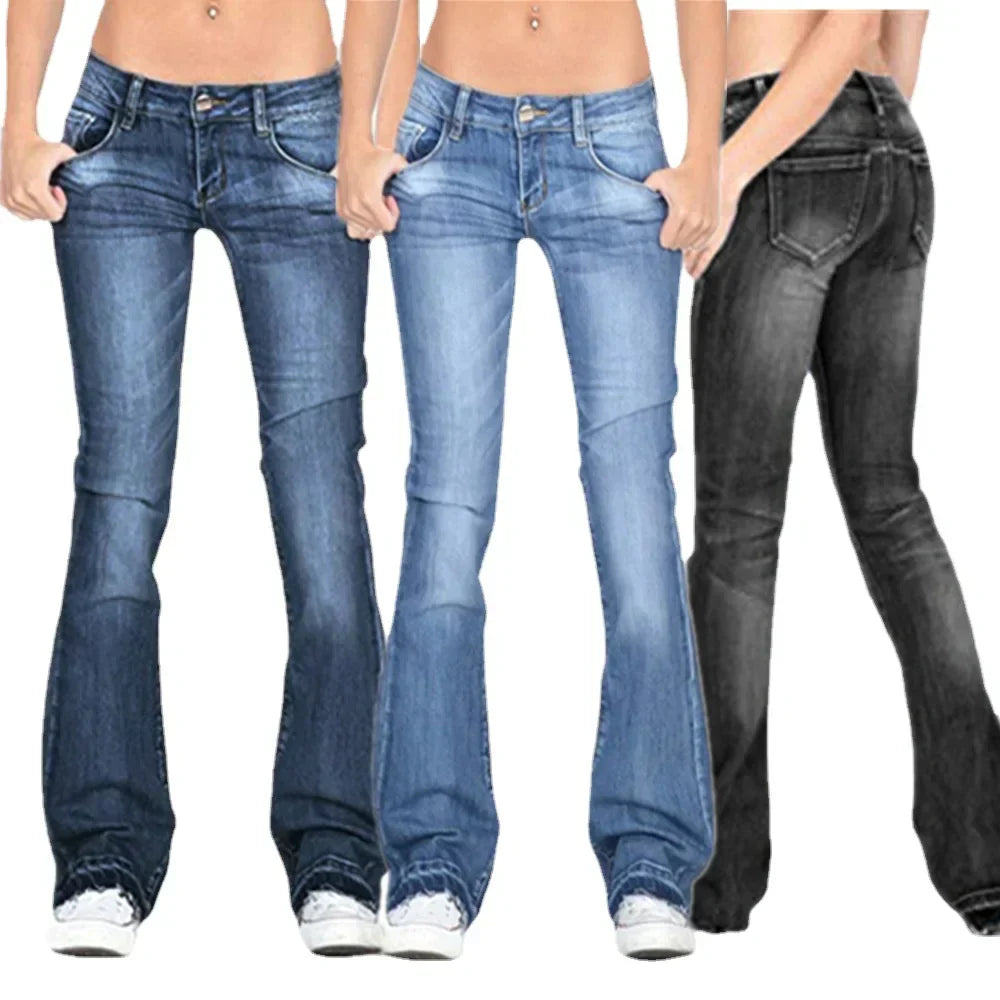 Damen Low Rise Flared Jeans Lässig Vintage Style