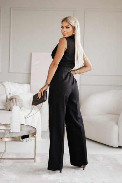 Damen Jumpsuit Ärmellos Reverskragen Weites Bein Mit Bindegürtel
