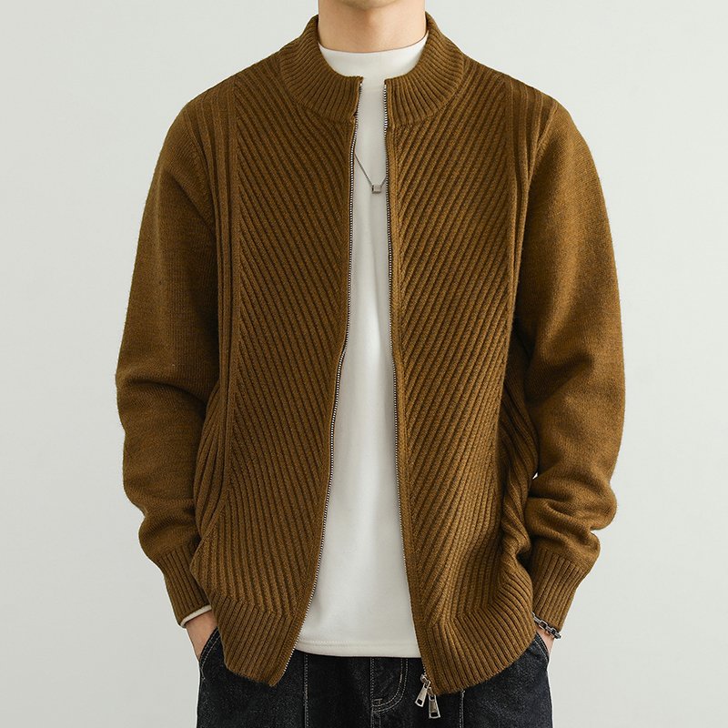 Herren Strickjacke Durchgehender Reißverschluss Lockere Passform Beige - Eveloria