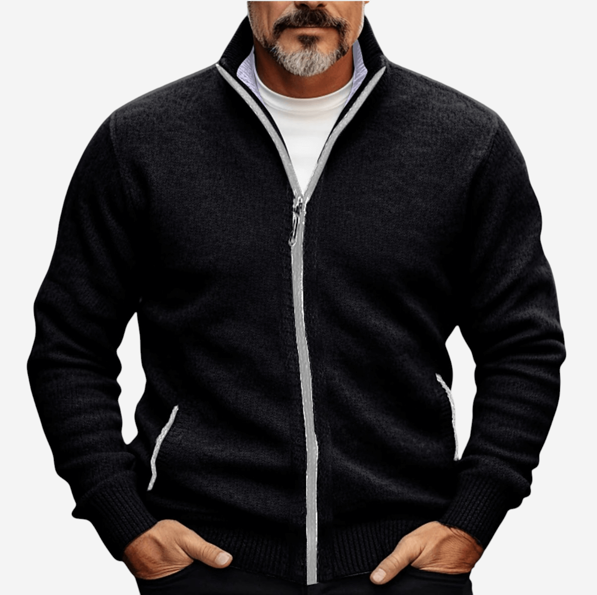 Strickjacke – Durchgehender Reißverschluss – Taschen – Strickjacke mit Reißverschluss – Herren-Strickmode-Schwarz-S-Chaps Herrenmode