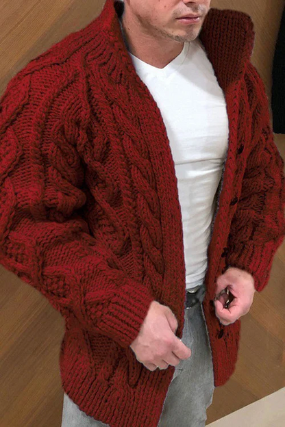 Strickjacke | Knopfleiste | Zopfmuster | Grobstrickjacke | Herrenstrickjacke-Rot-S-Chaps Herrenmode
