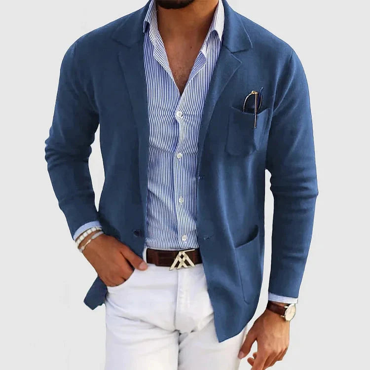 Strickjacke - Langärmelige Strickjacke mit Knopfleiste und Taschen für Männer-Blau-XS-Chaps Herrenmode