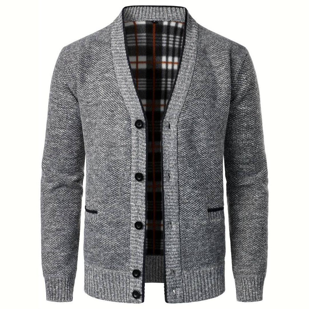 Herren Strickjacke V-Ausschnitt Karo-Futter Knopfleiste - Eveloria