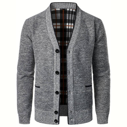 Herren Strickjacke V-Ausschnitt Karo-Futter Knopfleiste - Eveloria