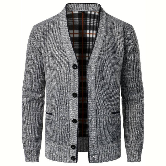 Herren Strickjacke V-Ausschnitt Karo-Futter Knopfleiste - Eveloria