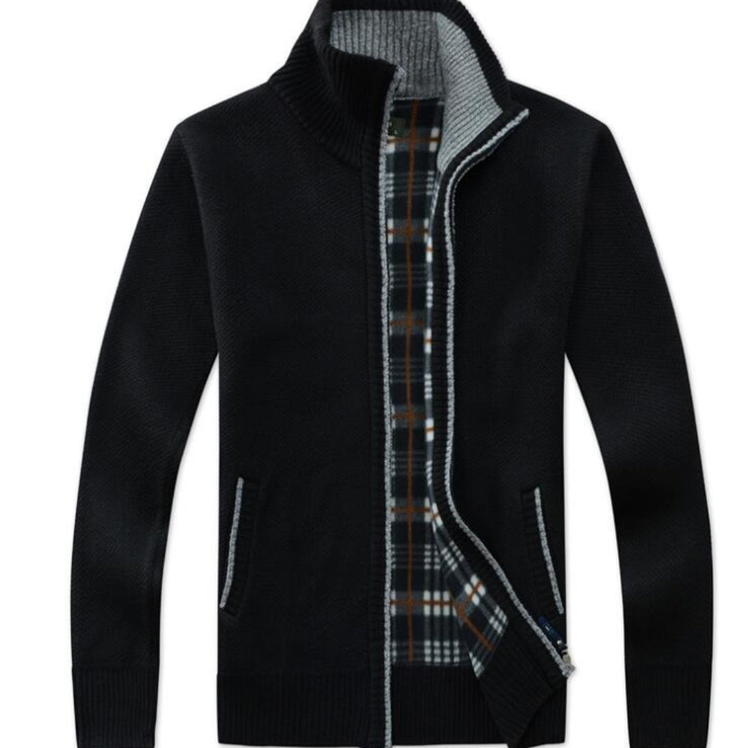 Herren Strickjacke Stehkragen Reißverschluss Warm Schwarz - Eveloria