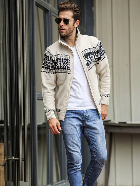 Herren Strickjacke Warm Reißverschluss Schneeflocken Motiv - Eveloria