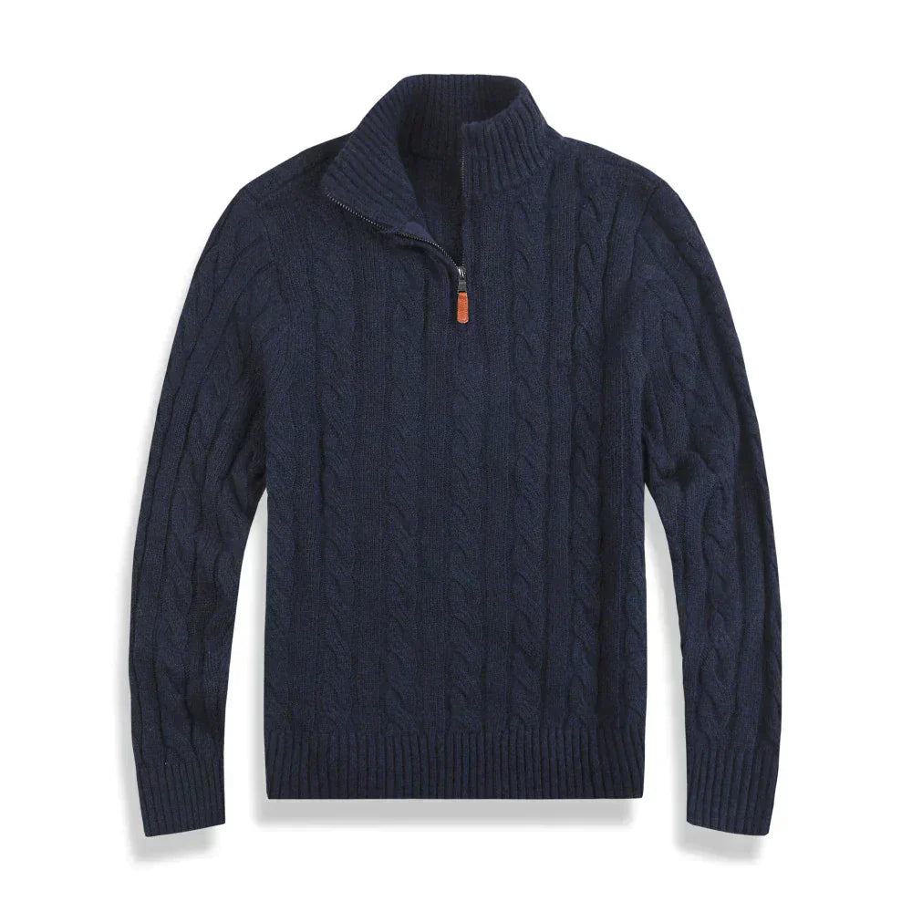 Strickpullover – Herren-Pullover mit Zopfmuster und Viertelreißverschluss-Marineblau-S-Chaps Herrenmode
