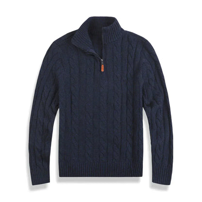 Strickpullover – Herren-Pullover mit Zopfmuster und Viertelreißverschluss-Marineblau-S-Chaps Herrenmode